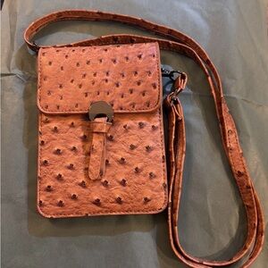 Faux Ostrich Leather Tan Crossbody Bag Travel Removable Adjustable Strap EUC